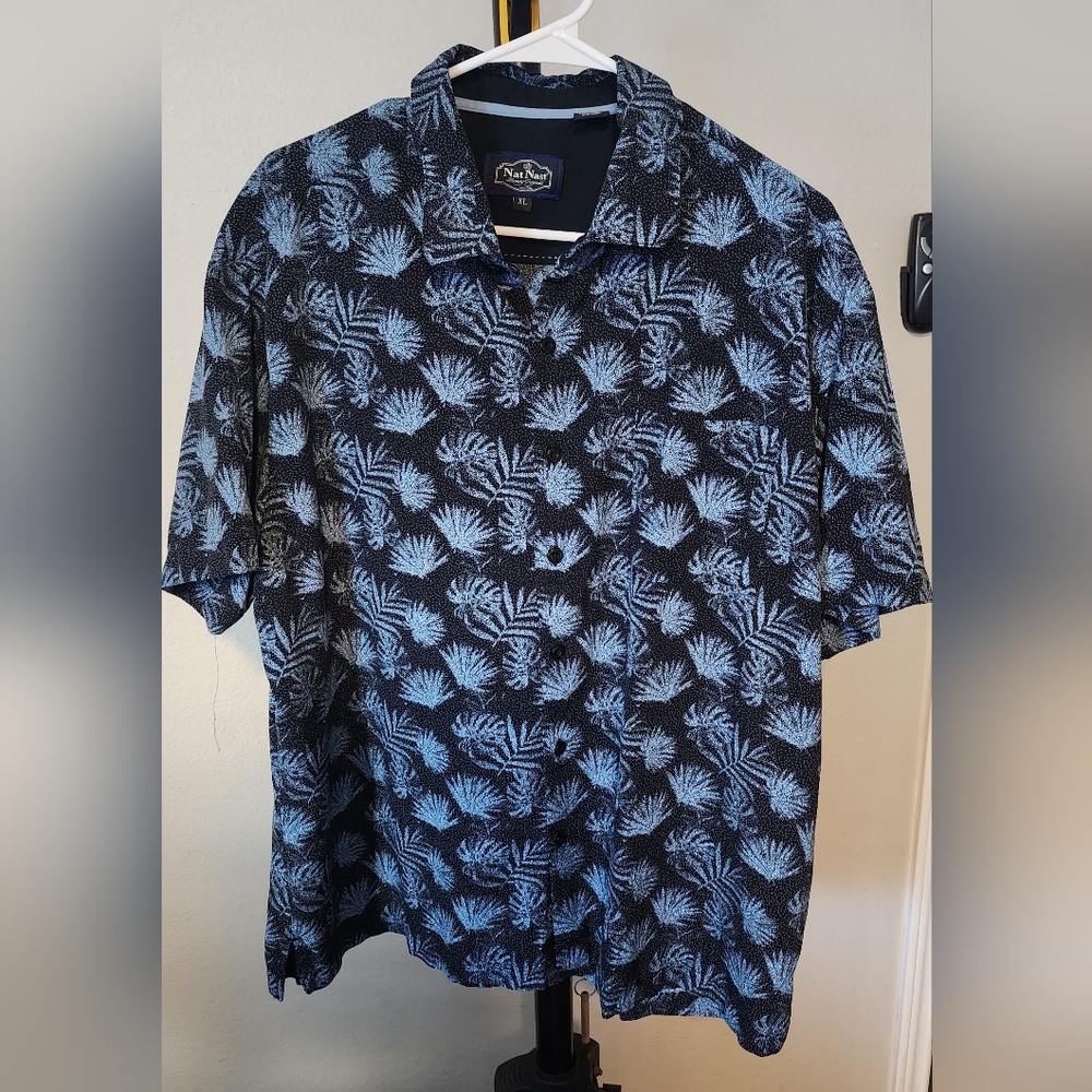 Nat Nast Luxury Originals XL Blue Palm Leaf Button Up Shirt Silk Blend Hawaiian - Picture 1 of 4